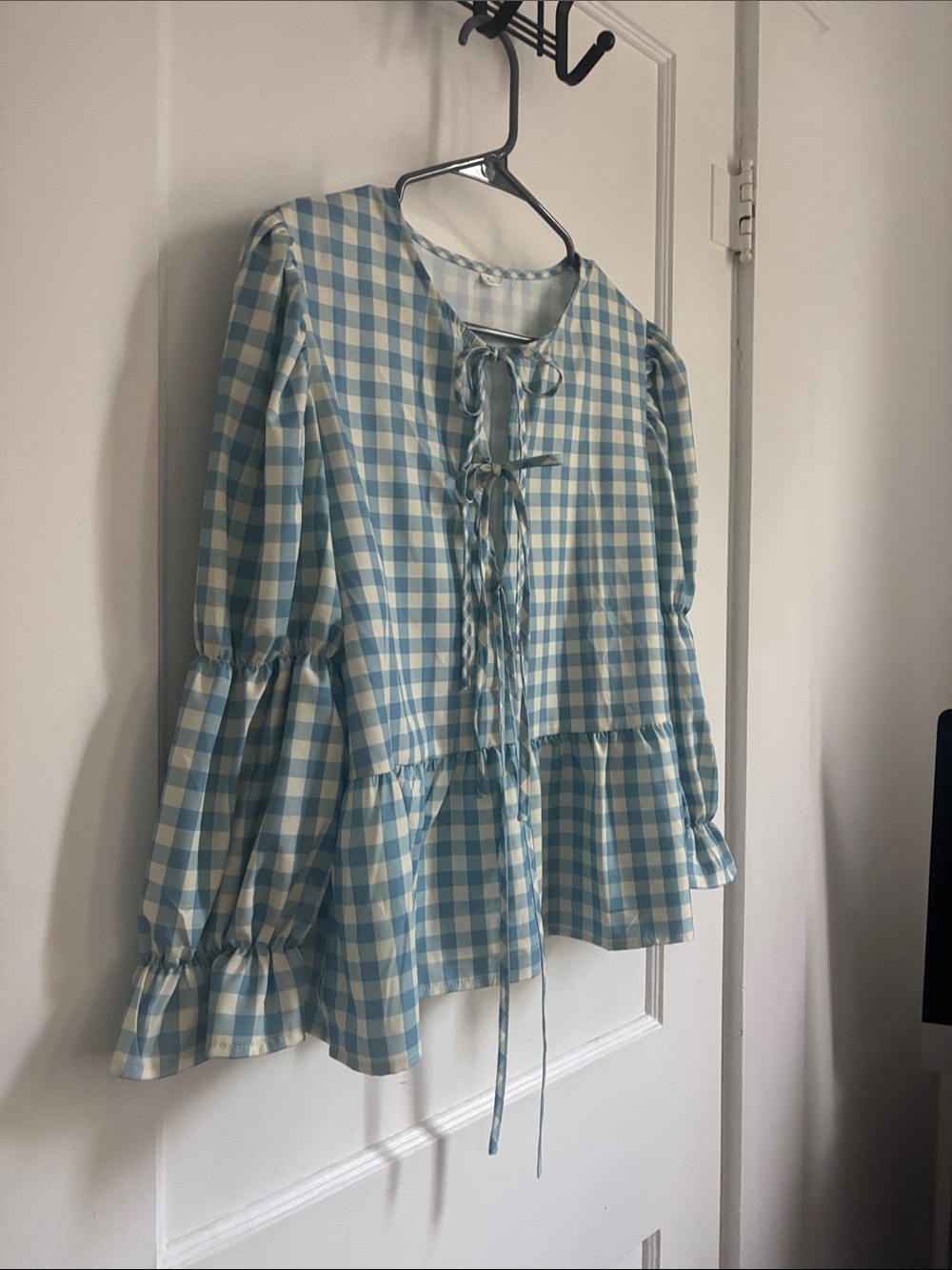 Blue Gingham Lace-Up Peasant Blouse